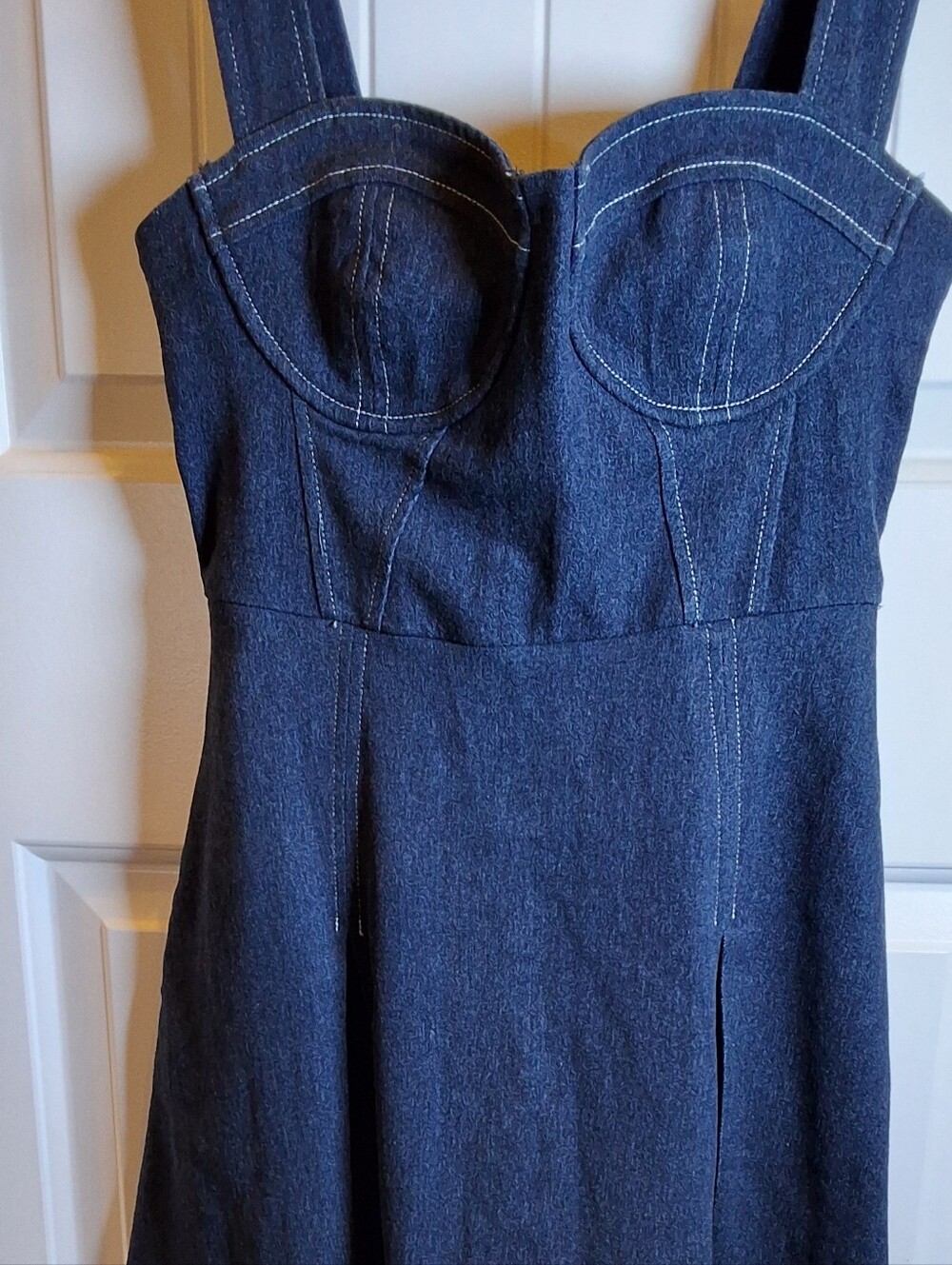 Lush Dark Blue Denim Midi Dress with Structured Bodice